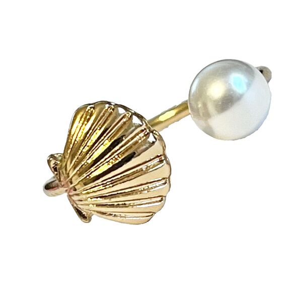 Scallop Sea Shell Ring White Pearl Gold Plated Size 8 9 Island Beach Simulated - Picture 1 of 12